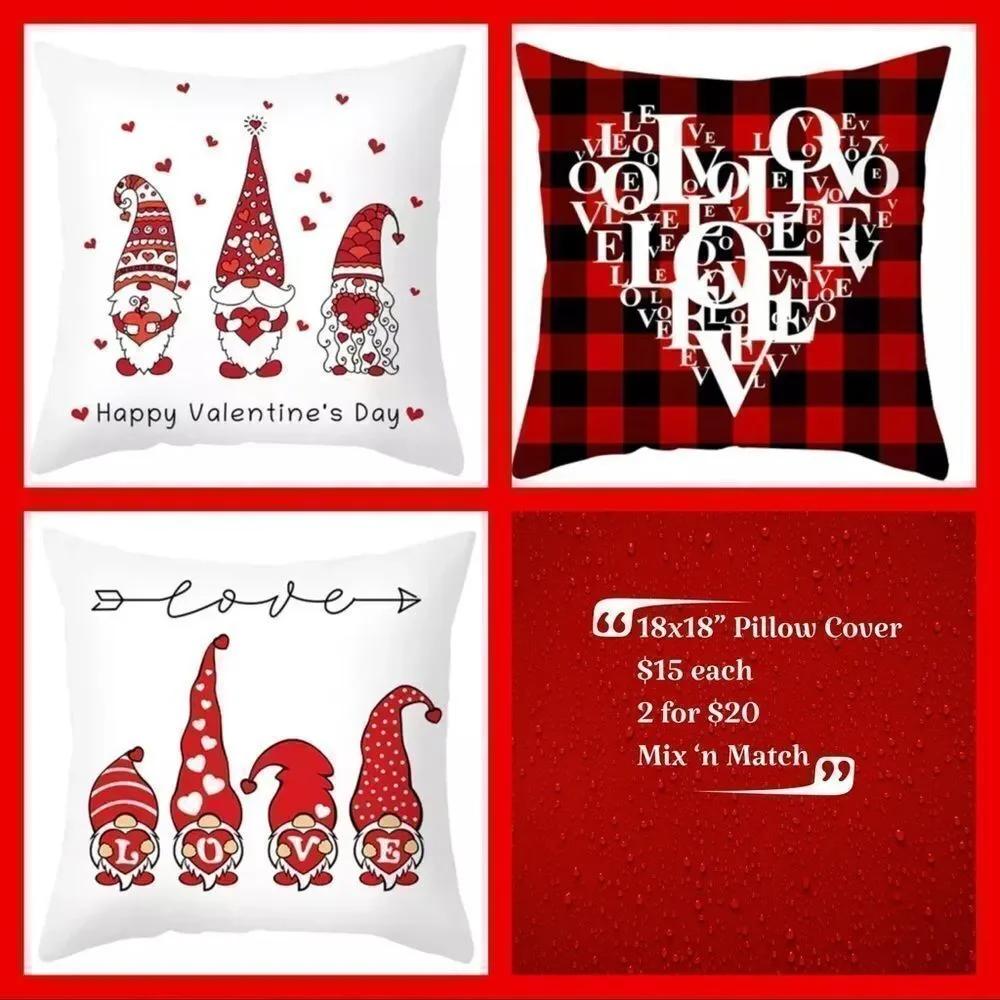 VALENTINE GNOME, HEART‎ PILLOW COVERS, Set of 2